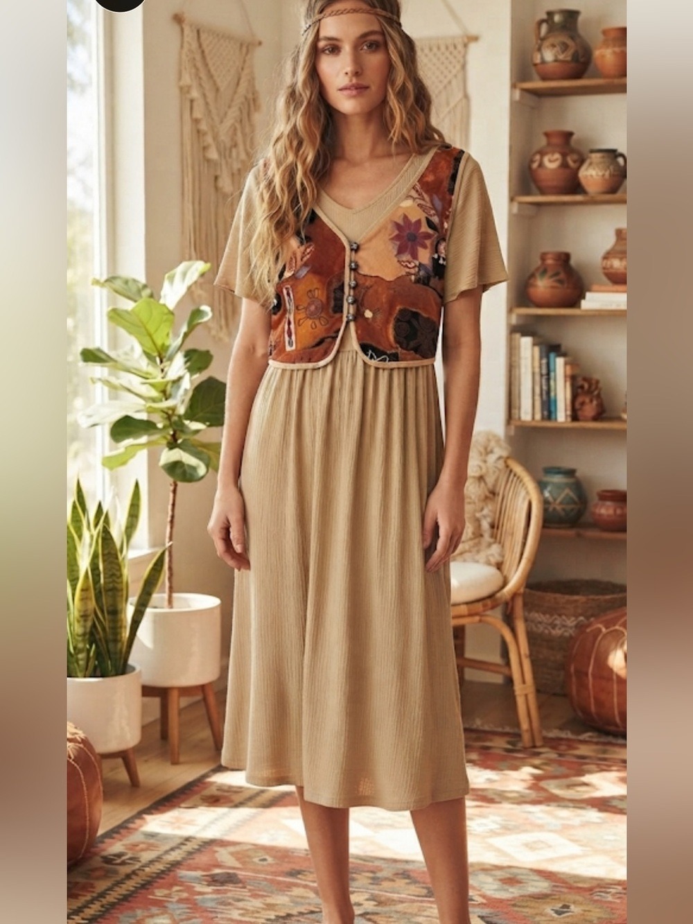 Gemma Beige Art to Wear Maxi Dress Boho Vintage Medium